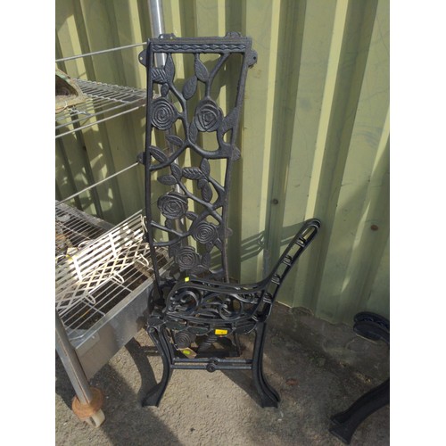 6 - Black painted garden bench ends & rose back, with stretcher