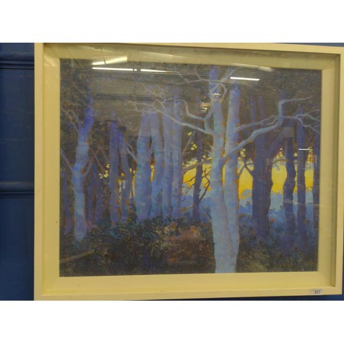 357 - Peter Reading b.1933-2002 Watercolour of a woodland scene in blue tones. 88cm x 71cm