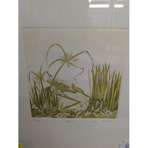 371 - Libby Carreck, signed limited edition etching titled 'Heron', 3/50 framed 34 x 39.5cm