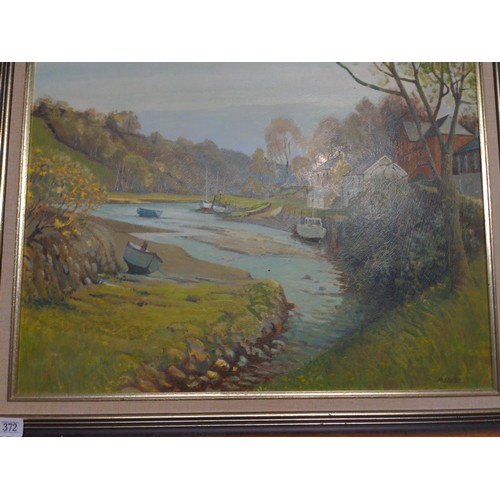 372 - Richard Slater RI (1927 - 2023) Oil on canvas of moored boats on a river. 72cm x 57cm inclusive of f... 