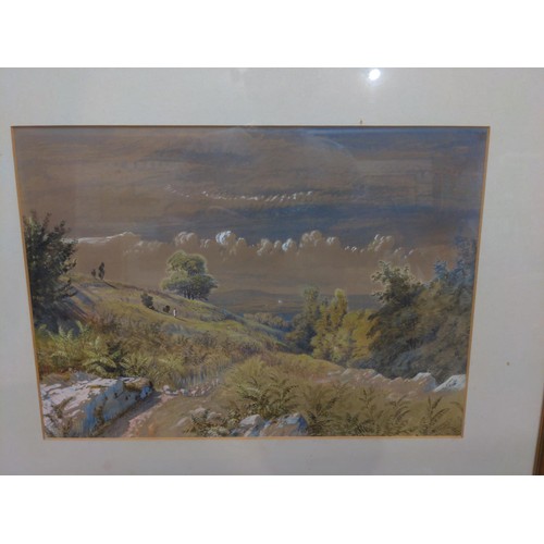 379F - In the manner of Henry Hewitt, watercolour and gouache 'Sheepwalk, Backwell Hill nr. Bristol', frame... 