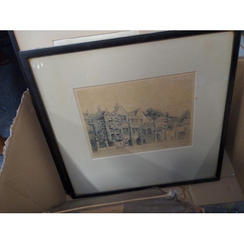 400 - Box of mostly etchings lnc. 3 of Westminster school.