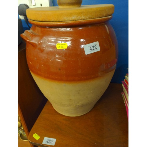 422 - Part glazed large lidded honey jar .Dia 37 H 34 cm