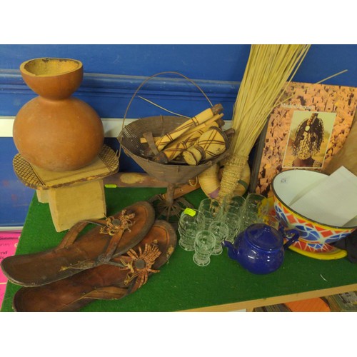 424 - Artefacts from Upper Volta  inc, wooden stool, footwear, digging tool, book, vessels and clothing ( ... 