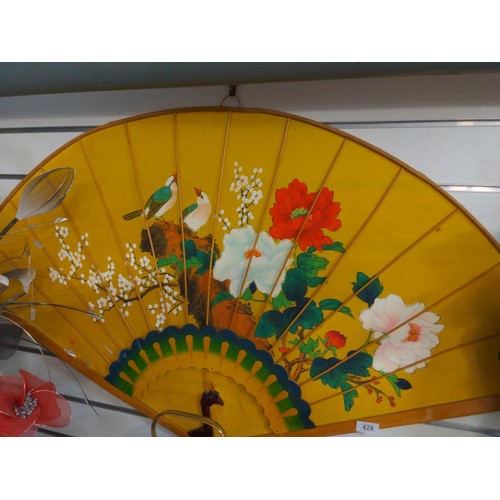 428 - Hand painted large decorative Fan with a seal mark visible. W110 H70 cm