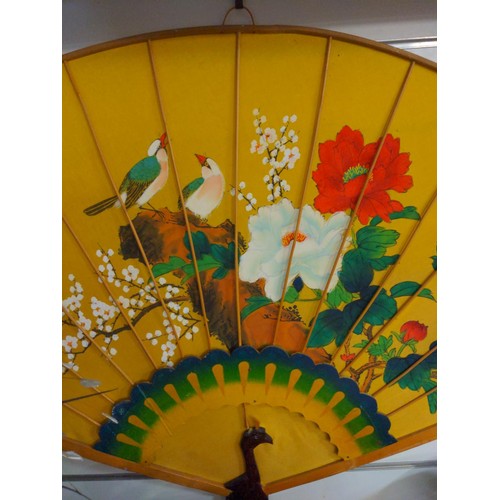 428 - Hand painted large decorative Fan with a seal mark visible. W110 H70 cm