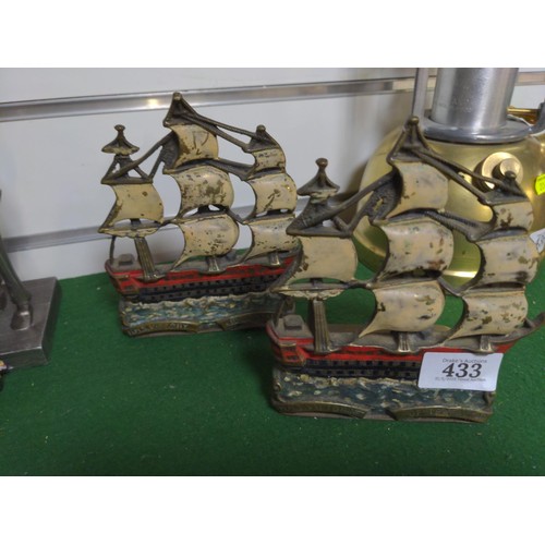 433 - Two metal book ends in the shape of HMS Victory of Trafalgar 