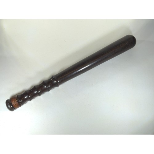 498 - Vintage truncheon with turned handle, length 38cm, loss to leather strap