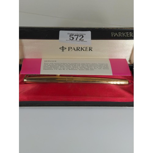 572 - Parker 45 rolled gold topped fountain pen and propelling pencil, together with a Parker 55 ballpoint... 