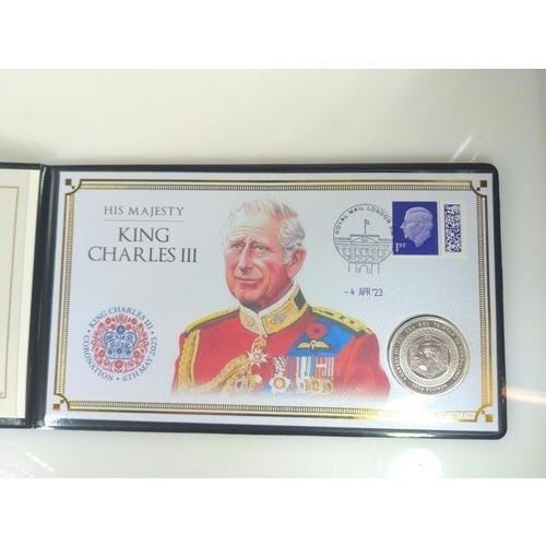 489 - Harrington & Bryne 2023 King Charles III Coronation Silver Proof £5 Coin Cover, together w... 