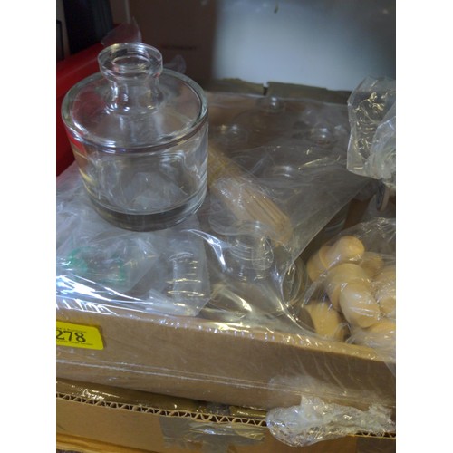 278 - 2 x boxes of assorted small and large  glass jars, 8 reed diffuser jars with reeds & stoppe... 