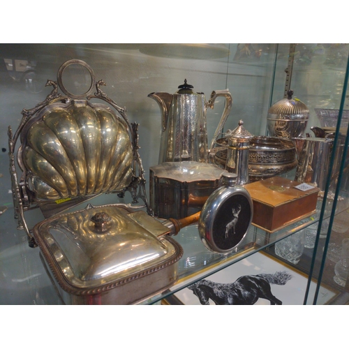 635 - Shelf full of large silver plate ware inc, coffee, water jugs, warmers, sugar sifter etc,. 