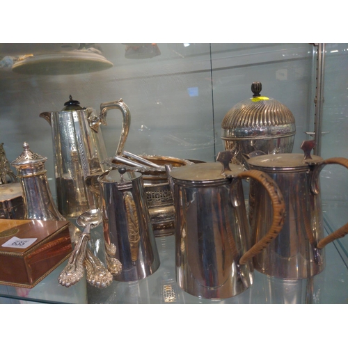 635 - Shelf full of large silver plate ware inc, coffee, water jugs, warmers, sugar sifter etc,. 