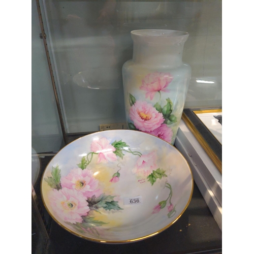 636 - Sheila Wood bowl and vase hand painted with floral decoration. H vase 31cm. Bowl Dia 28cm