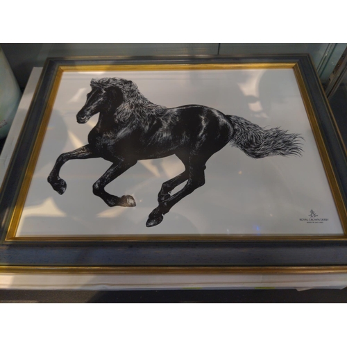 637 - Royal Crown Derby Equus Gallop and Wild Horse painted ceramic framed artwork.