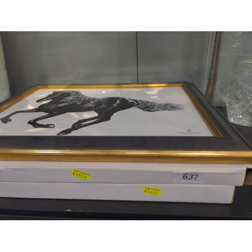 637 - Royal Crown Derby Equus Gallop and Wild Horse painted ceramic framed artwork.