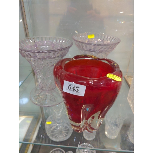 645 - Large heavy red glass vase in organic shape plus two cut glass vases with lids H 19cm