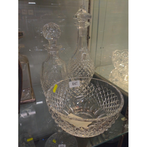 647 - Waterford Crystal bowl and two decanters, marks to base. Tallest decanter 33 cm