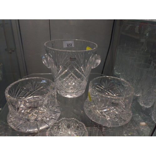 651 - Selection of cut lead crystal ( Harrods) ice bucket, two wine coasters.