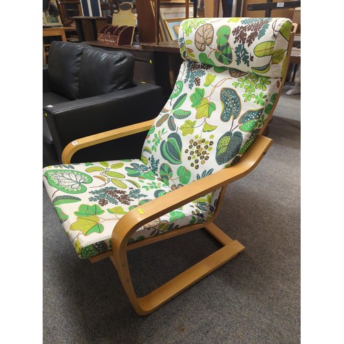 846 - Ikea steam bent armchair with colourful foliage patterned upholstery