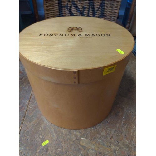 296 - Fortnum  Mason cylindrical wooden box 38.5 dia. x 31cm deep together with small F & M hampe... 