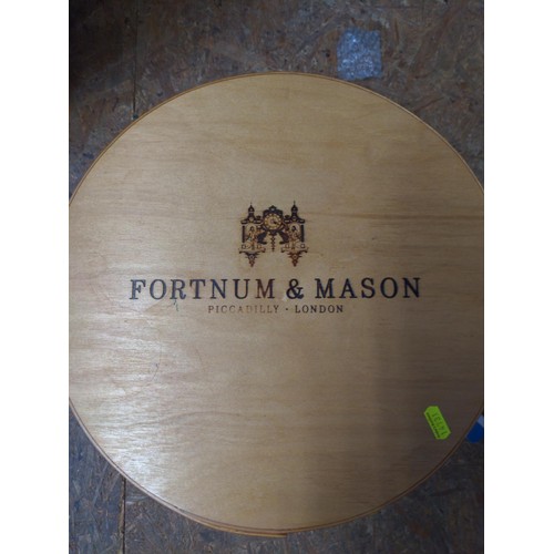 296 - Fortnum  Mason cylindrical wooden box 38.5 dia. x 31cm deep together with small F & M hampe... 