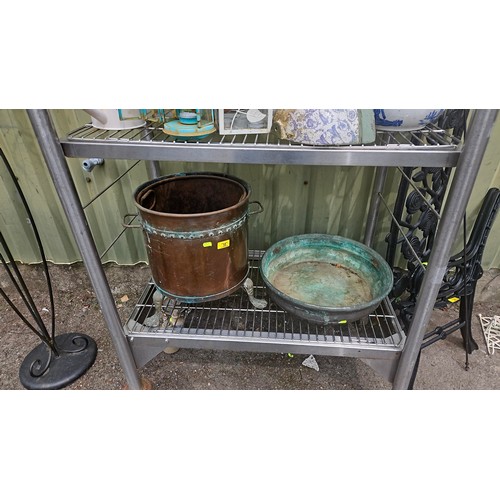 11 - Brass footed copper coal bucket, with liner, together with copper pan (D44cm)