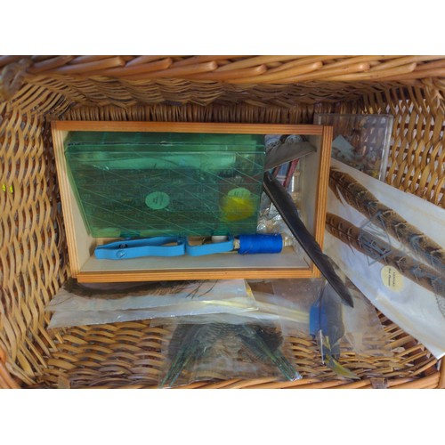 239 - Wicker basket, fishing kit & creel