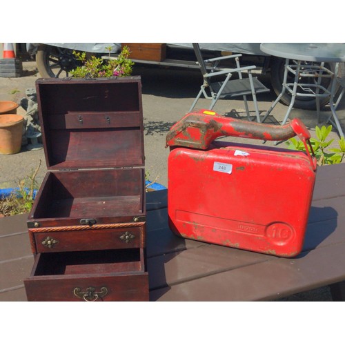 248 - 1 Gallon Tudor petroleum can together with a wooden treasure box (damage to lid)