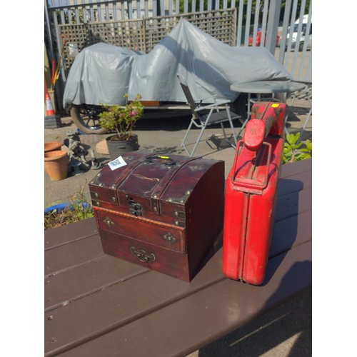 248 - 1 Gallon Tudor petroleum can together with a wooden treasure box (damage to lid)