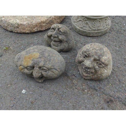 26 - 3 reconstituted stone garden laughing faces