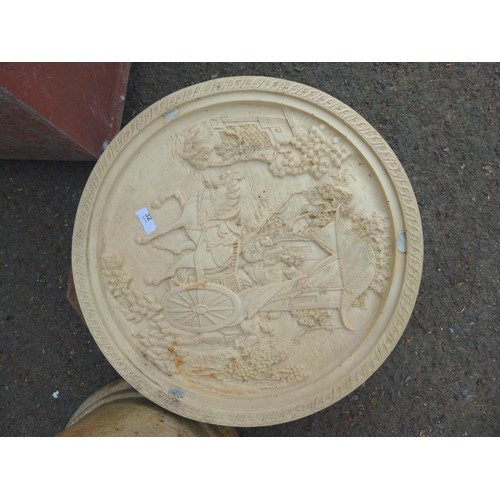 32 - Resin decorative oriental style plaque (D46cm), with 2 terracotta octagonal stands