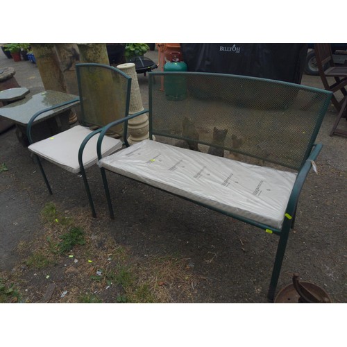 37 - Metal framed bench & chair, meshed backs with seat cushions. Bench W110cm.