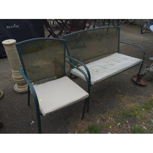 37 - Metal framed bench & chair, meshed backs with seat cushions. Bench W110cm.