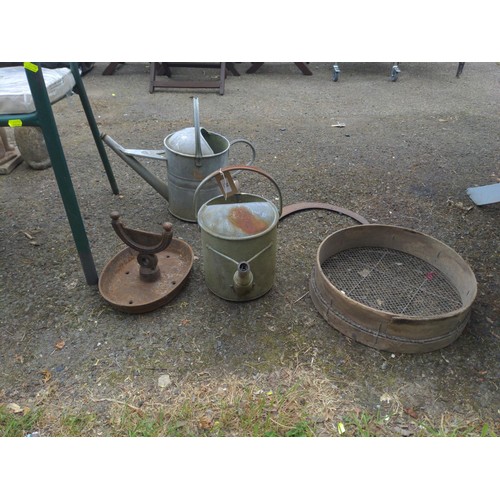 38 - 2 galvanised watering cans, boot scrape, sickle & soil sifter