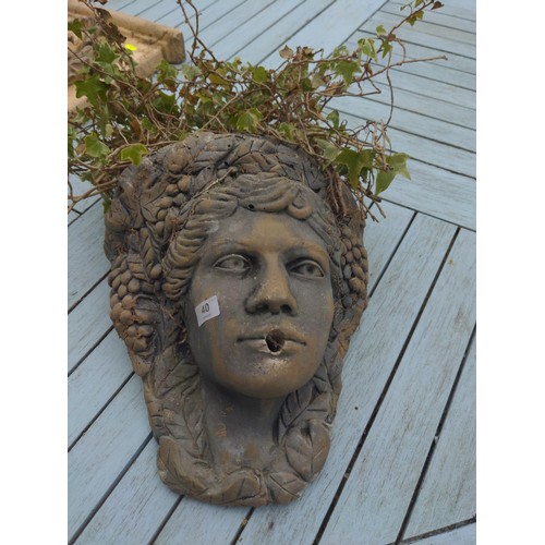 40 - Reconstituted stone wall pocket planter, with ladies face & ivy hair & water spout