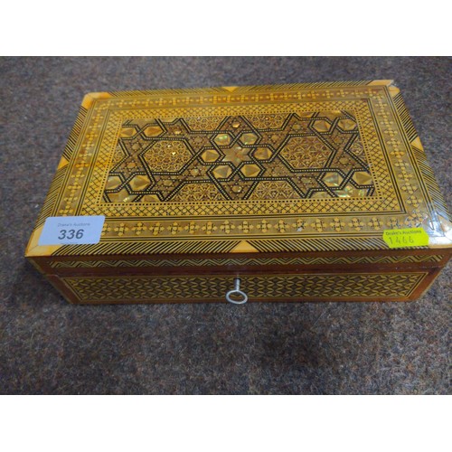 336 - Marquetry box with key with some losses. w 25.5cm x 16  x depth 7 cm x