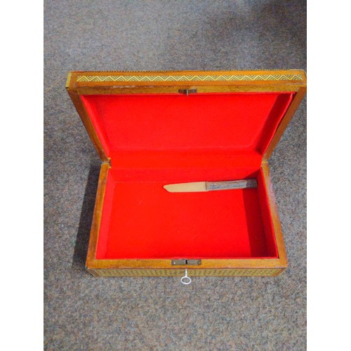 336 - Marquetry box with key with some losses. w 25.5cm x 16  x depth 7 cm x