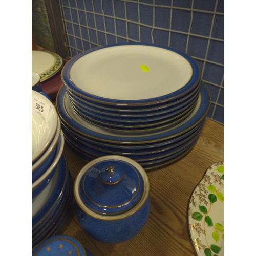 585 - Blue Denby breakfast set 6x Dinner side and cake plates, 6x tea cups and saucers 3 bowls 4 coffee mu... 