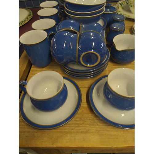 585 - Blue Denby breakfast set 6x Dinner side and cake plates, 6x tea cups and saucers 3 bowls 4 coffee mu... 