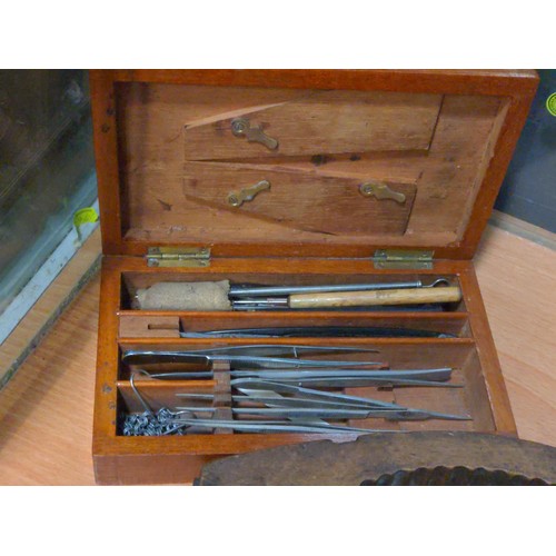 505 - C19th French cherry wood butter mould, length 27cm, together a box of small assorted tools, scalpels... 