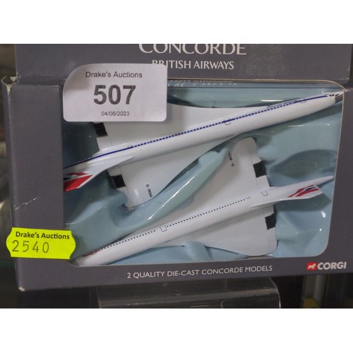 507 - Corgi two die-cast Concorde models in box, together with a Corgi Concorde model with stand, nose det... 