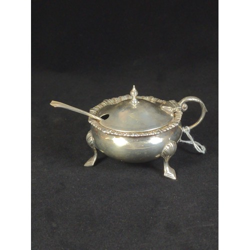 490 - Silver mustard pot with hinged lid, William Hutton & Sons Ltd, Birmingham 1928, with blue glass ... 