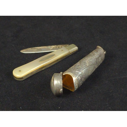 494 - Hallmarked silver cheroot case and fruit knife with mother-of-pearl