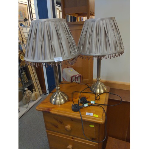 849 - Pair of brass effect column table lamps with beaded silk shades, full ht 50 cms