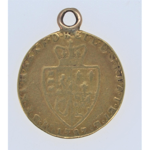 5 - George III 1787 gold spade guinea, with soldered pendant mount, diameter 24mm, 8.3 grams