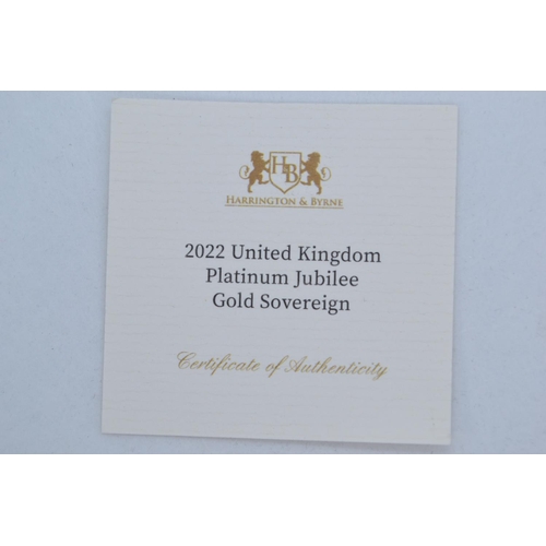 14 - 2022 Elizabeth II UK Platinum Jubilee Gold Sovereign, from Harrington & Byrne, with certificate ... 