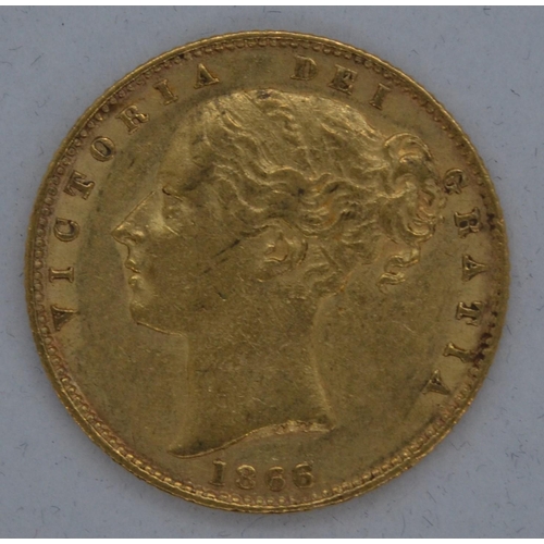 29 - 1866 Victoria (Young Head Shield Back) full sovereign, die number 43