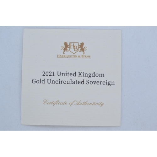 38 - 2021 Elizabeth II UK Gold Uncirculated Sovereign, from Harrington & Byrne, with certificate and ... 