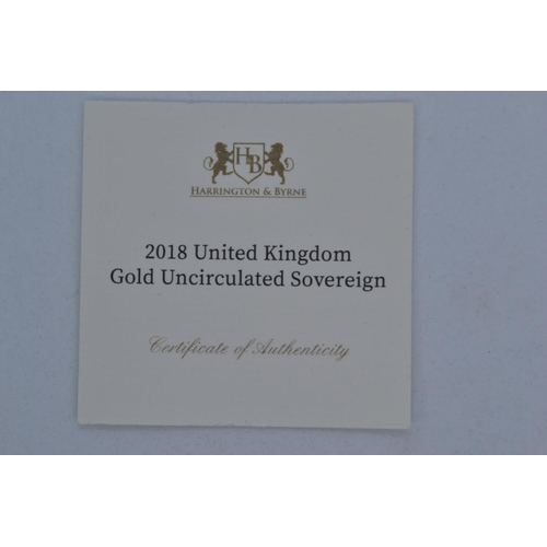 40 - 2018 Elizabeth II UK Gold Uncirculated Sovereign, from Harrington & Byrne, with certificate and ... 